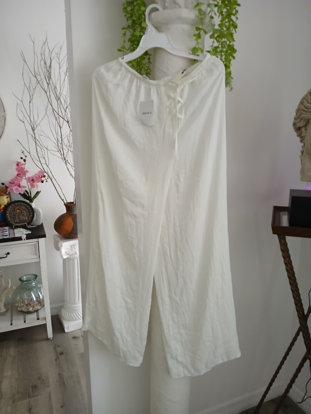 Forever 21 Cream Satin Pants with Waist Tie